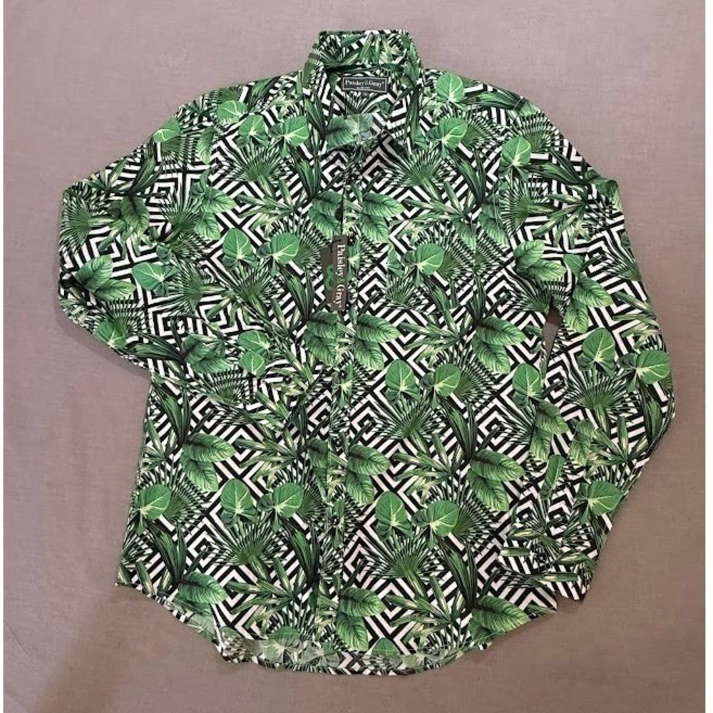 Paisley & Gray Green and Black Tropical Leaf Button-Down Shirt